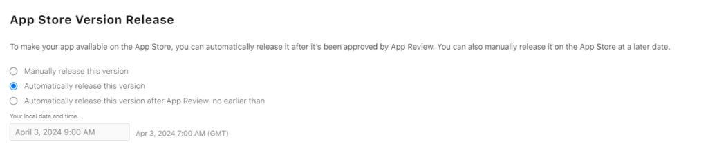 screen z App Store Connect przedstawiający widok strony dotyczącej  ustalenia godziny publikowania aplikacji w Ap Store