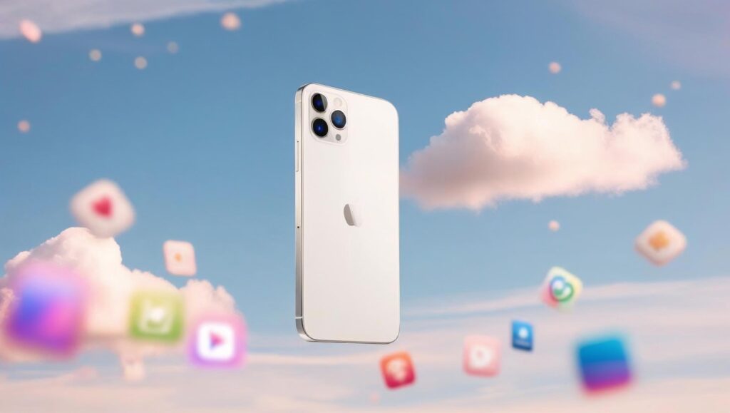 iphone unoszący się w powietrzu na tle nieba, ilustrujący artykuł Jak zarabiać na aplikacji mobilnej